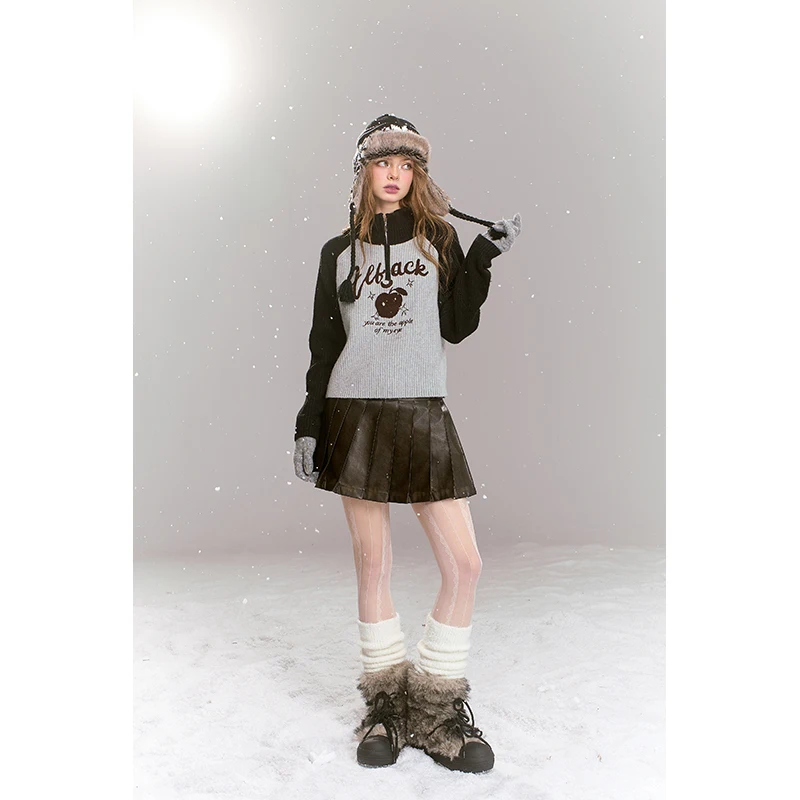 ELFSACK Y2K Maglione lavorato a maglia con mezza zip e colletto alla coreana raglan color block per donna