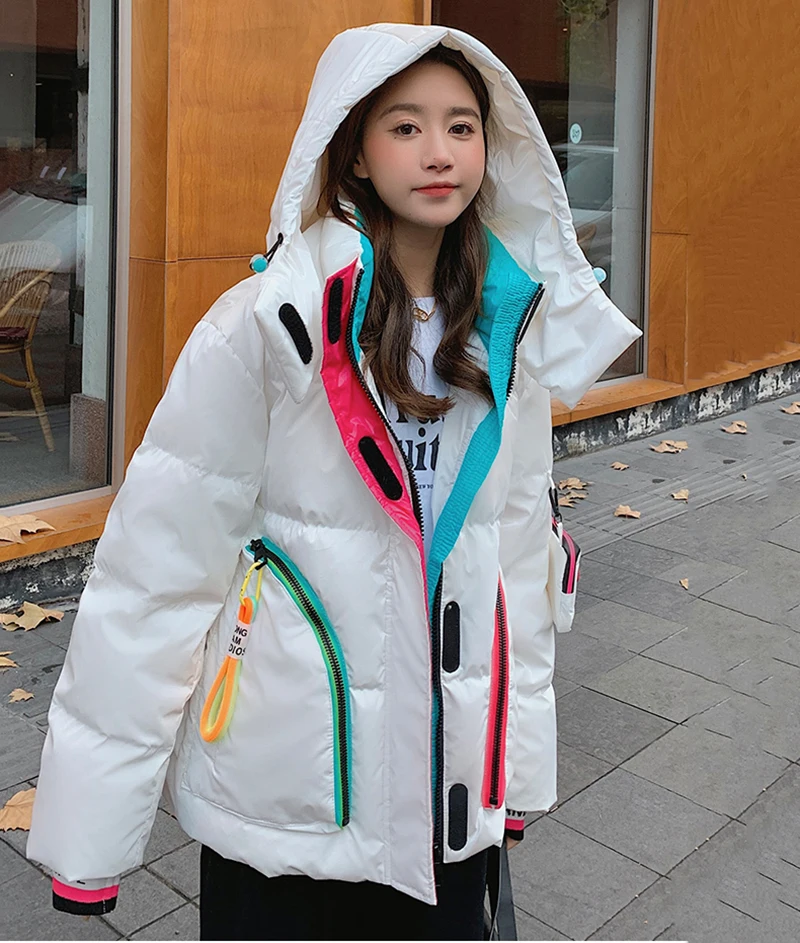 2024 New Down Jacket Women Short Fashion Winter Coat Warm White Duck Down Jackets For Femme Glossy Hooded Loose Big Size Parka