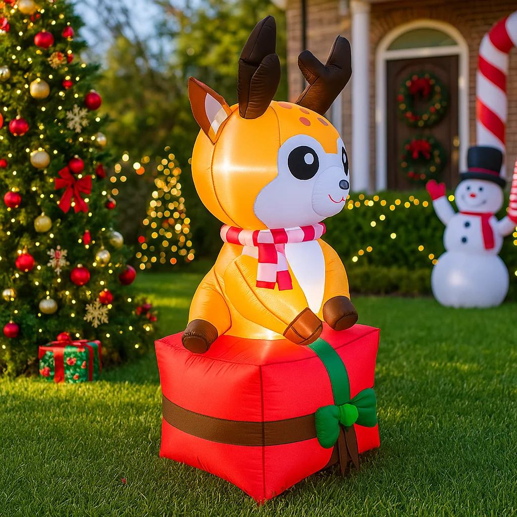 6フィートのクリスマスデコレーション、プレゼントボックスに立つ膨らませるおもちゃのトナカイ、キュートな動物の家の庭のクリスマスLEDライトデコレーション、クリスマスおもちゃ
