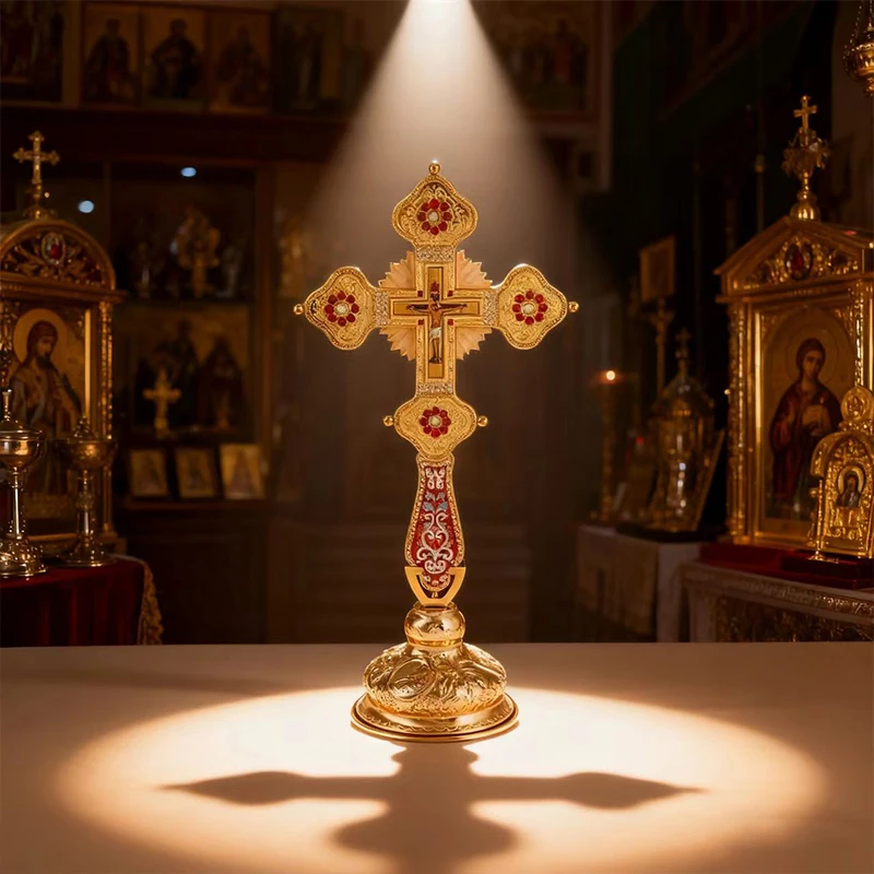 Vergoldetes Orthodoxes Standkreuz mit Emaille- und Kristalleinlage und Kruzifix-Ikone, Hochwertiges Kirchenaltar-Kreuz für Liturgie und spirituelle Zwecke – Detail 15