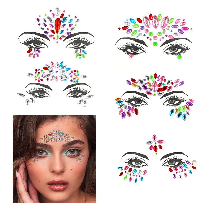 ملصقات وجه من الراتنج البيئي ملونة من حجر الراين، ملصقات ذاتية اللصق لامعة للجسم لحفلات المهرجانات، تبادل لاطلاق النار، سهلة الإزالة