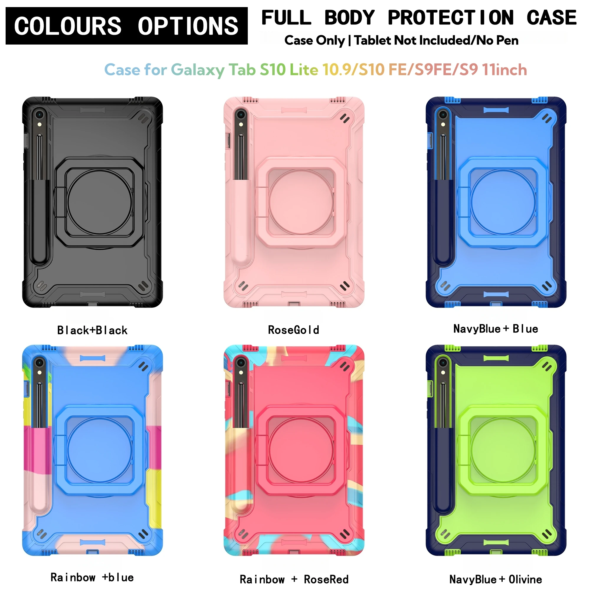 Case for Galaxy Tab S10 Lite 10.9/S10 FE/S9FE/S9 11.0 Shockproof Cover Pen Holder/Rotating Grip/Stable Kickstand/Shoulder Strap