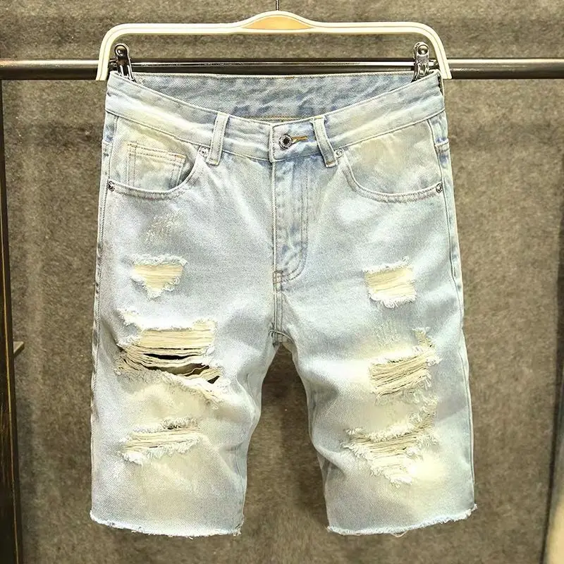 Celana Jeans Pendek Bermuda Ramping Robek untuk Pria Celana Pendek Denim Pria Baru Fashion Y2k Populer Asli Celana Pendek Denim Pria Baru Harajuku