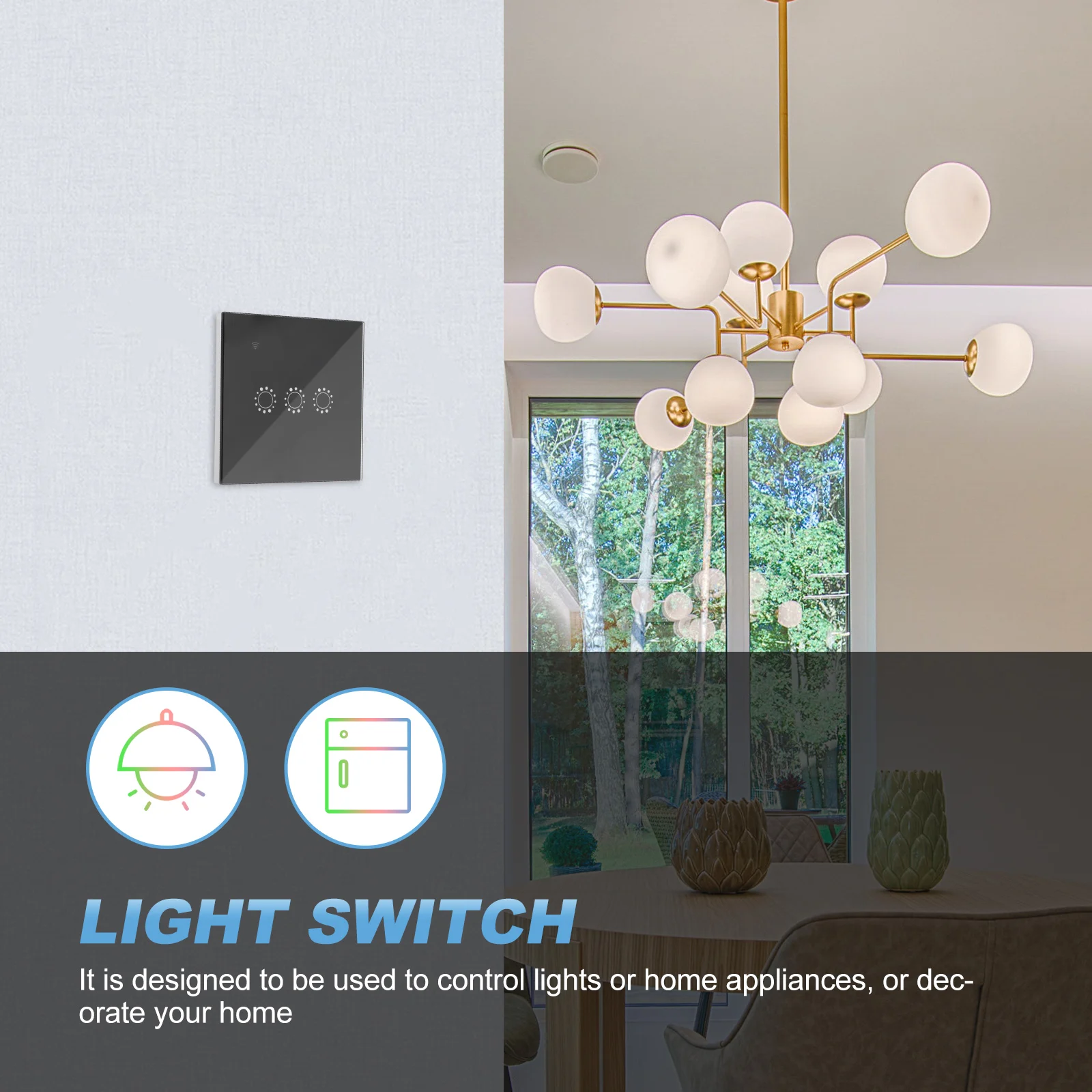 3 Gang Wifi Wireless Touch Backlight Home Light Remote App Schedule Timer Abs Glass Panel Black