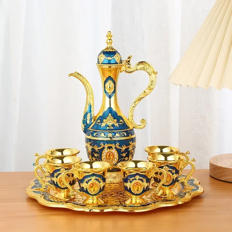 European Style Vintage Metal Turkish Coffee Pot Set 6 Luxury Coffee Cups Craft Tea Tray Teapot For Serving Tea Gift view 3