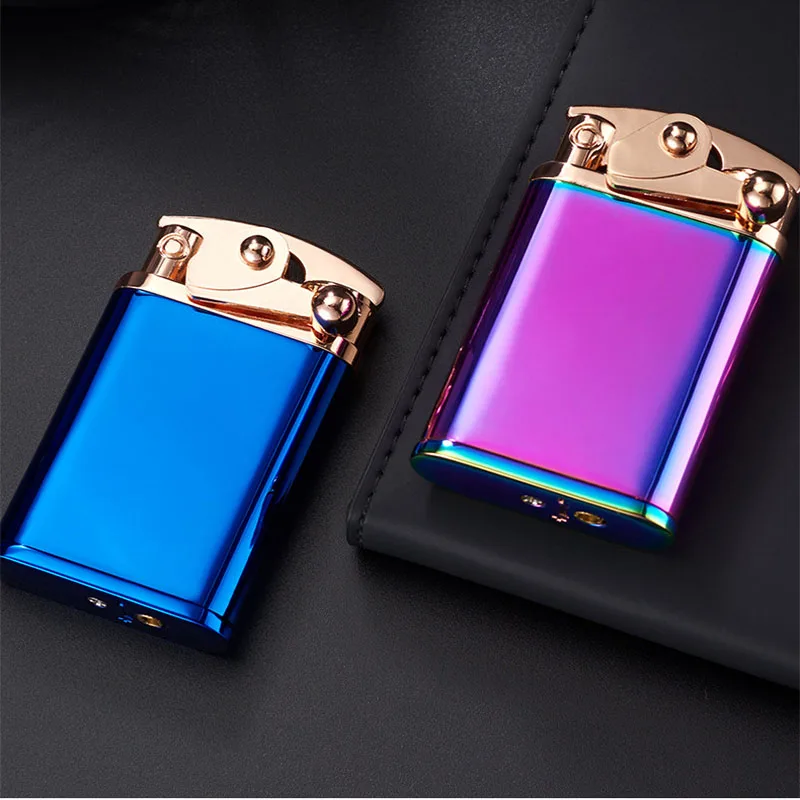 Metal Gas Lighter Creative Cigarette Lighter Double Fire Windproof Rocker Soft Fire Plus Straight Fire Cigar Butane Lighter