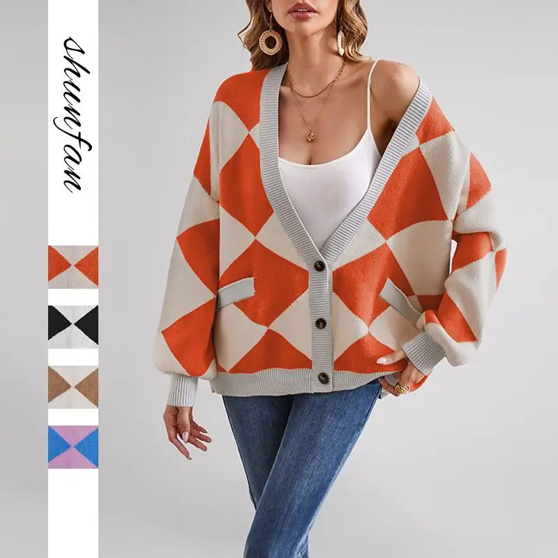 

New Winter Women's Loose Knitted Jaet V-Ne Patchwork Color Blo Cross-Border Long Sve Thiened PU Coat