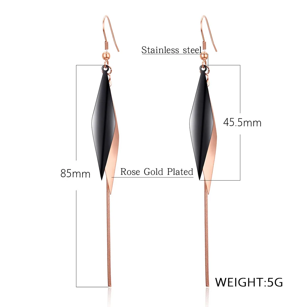 Lokaer Stainless Steel Love Long Black Snake Chain Rhombus Drop Earrings Geometirc Rose Gold Color Women Party Xmas Gift E18475