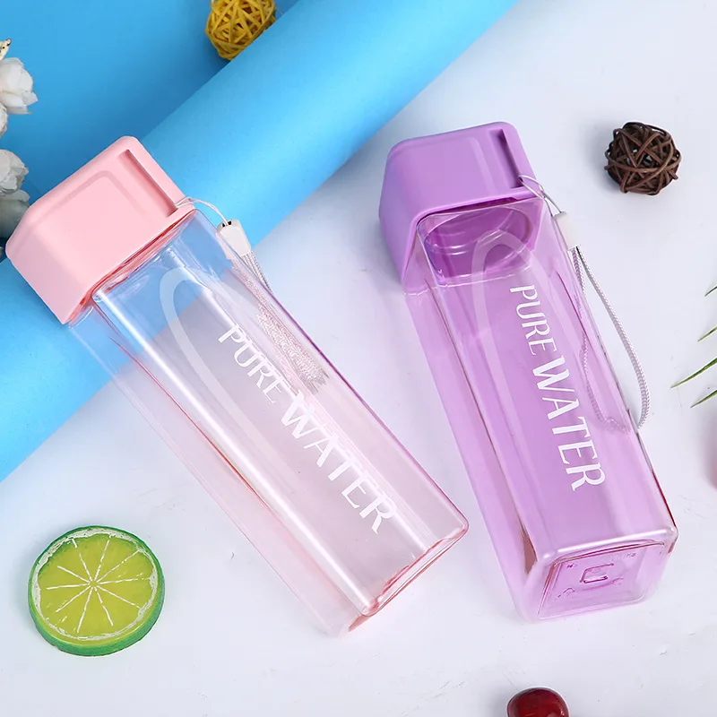 480ml Square Water Bottle with Rope Simple Clear Plastic Jug Portable Leak-Proof Cup Outdoor Sports Gym Milk Tea Juice Drinking