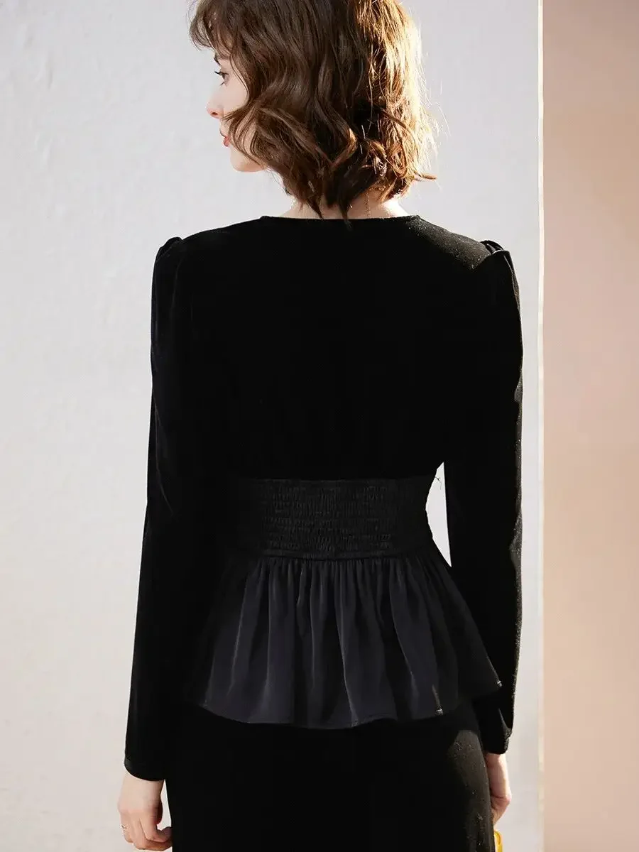 LOUIS YAO Women Velvet Top 2023 Autumn Vintage V-neck Long Sleeve Shirt Spliced Hem Design Women Tops