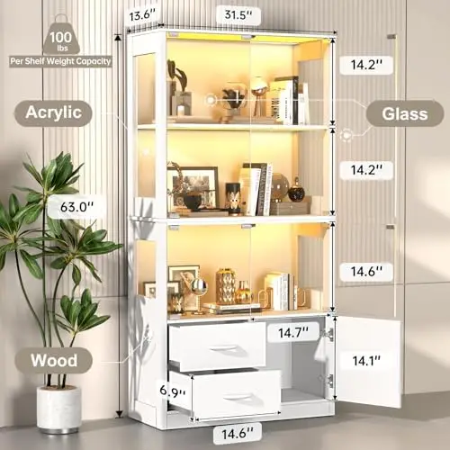 Display Cabinet with Glass Doors, 4-Tier Display Case with 3-Color Lights & Human Body Sensor, Storage Cabinets with 3