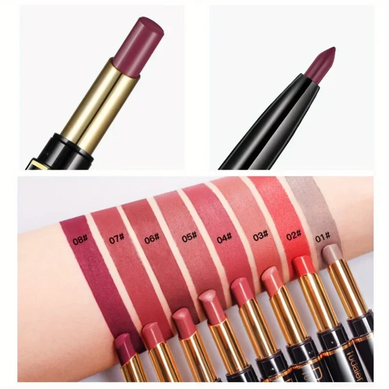 ลิปสติกสองหัวสีด้าน 1 ชิ้นและลิปไลเนอร์ - ผิวด้าน ปลายแม่นยำ นุ่มลื่น ถ้วยไม่ติด ของขวัญคริสต์มาสที่สมบูรณ์แบบ