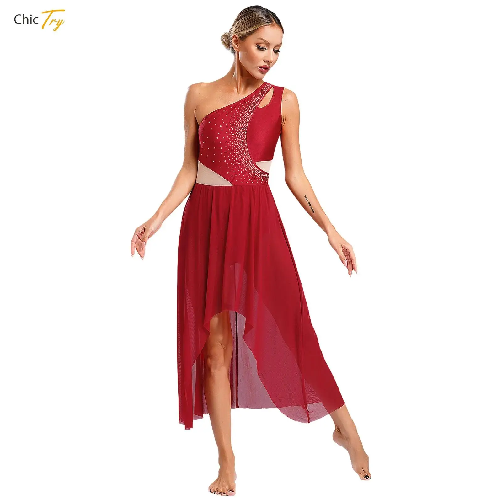 

Womens Rhinestone Modern Lyrical Dance Dress One Shoulder Chiffon Contemporary Gymnnastic Ballet Skating Leotard Dance Costume