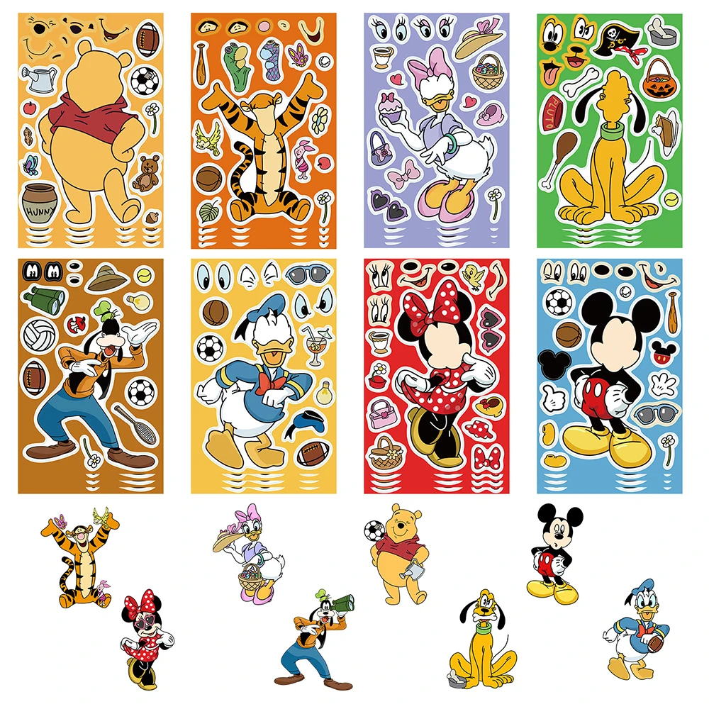 8/16Sheets Disney Make a Face Puzzle Stickers Mickey Mouse Donald Duck Kids Assemble Jigsaw Toys Children Funny Game Party Gift