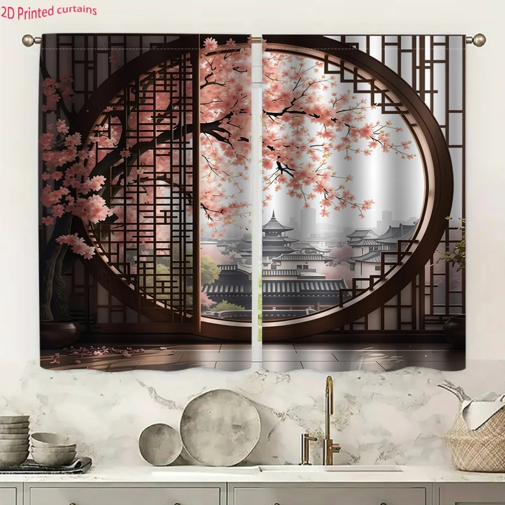Large Round Window Curtain Panel with Cherry Blossom Tree and Asian Pagoda Design for Home Decor