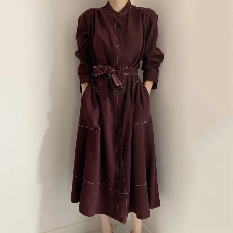 Autumn Dress 2023 Women Elegant Single Breasted Stand Collar Loose Trench Dresses Pockets Coats High Waist Long Vestidos Jackets