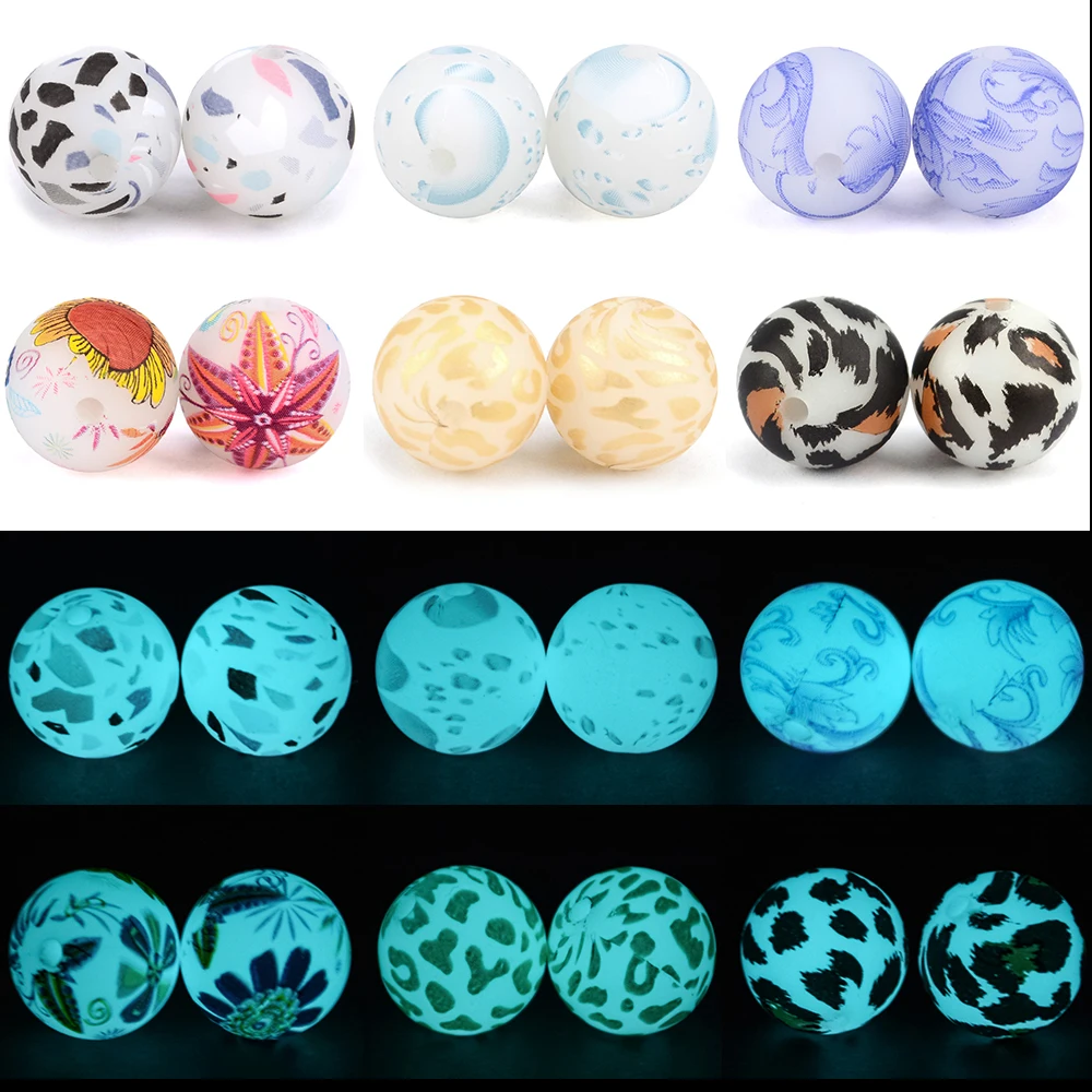 LOFCA 12/15mm 50 Pieces Glowing Patterned Silicone luminous Beads BPA free Silicone Beads DIY Keychain Bead Jewelry Accessories