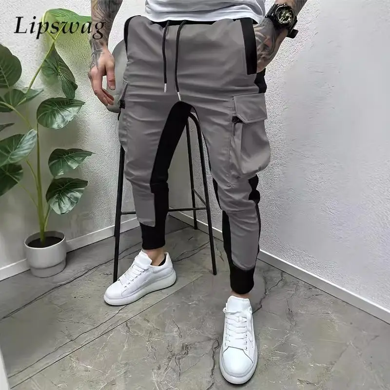 Fashion Contrast Color Patchwork Cargo Pants Mens Vintage Slim Fit Pencil Pants Autumn Streetwear Men Casual Drawstring Trousers