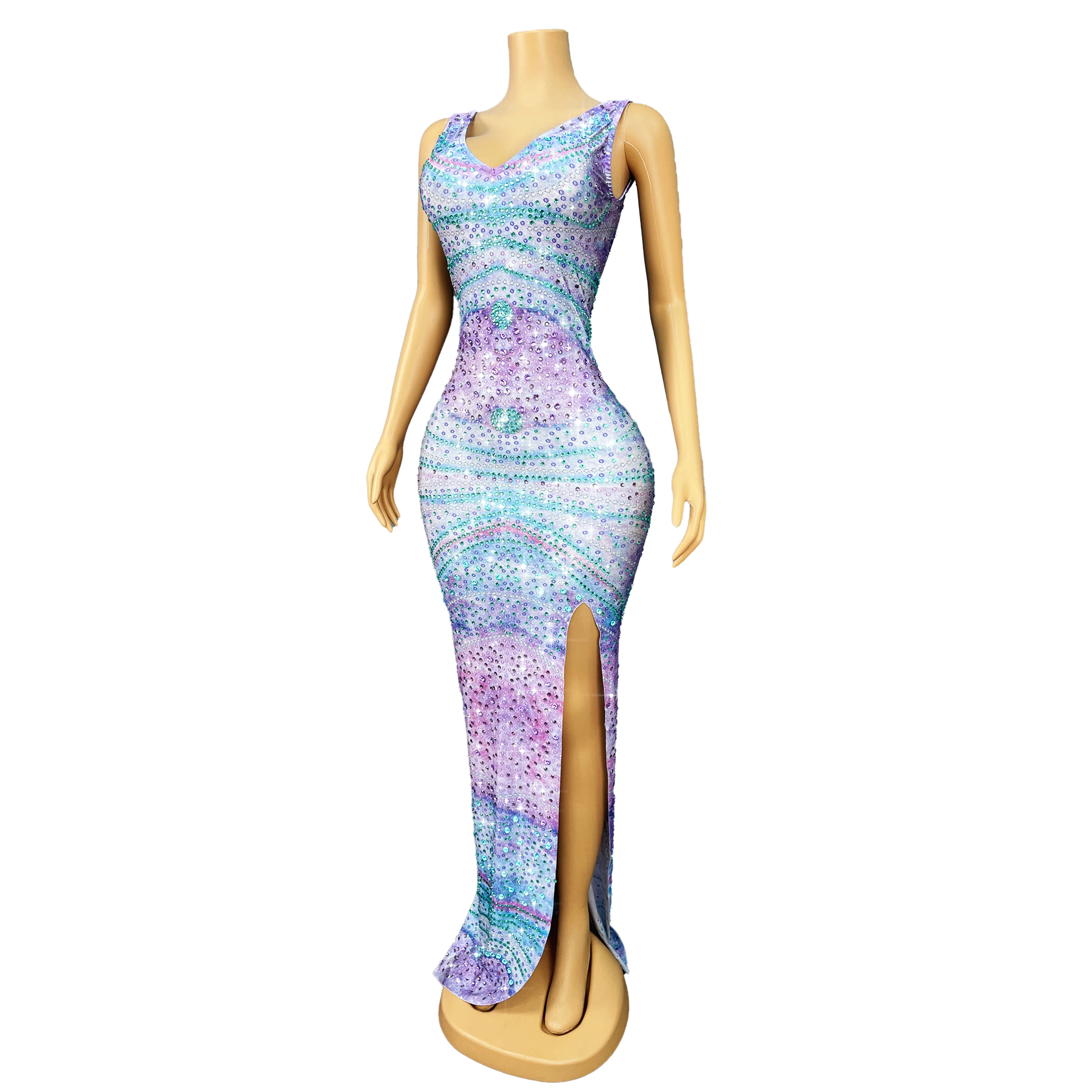 Graceful Blue Purple Gradient Shining Rhinstones High split V-neck Dress Party Celebtare Evening Gown Red carpet Outfit Lanzi