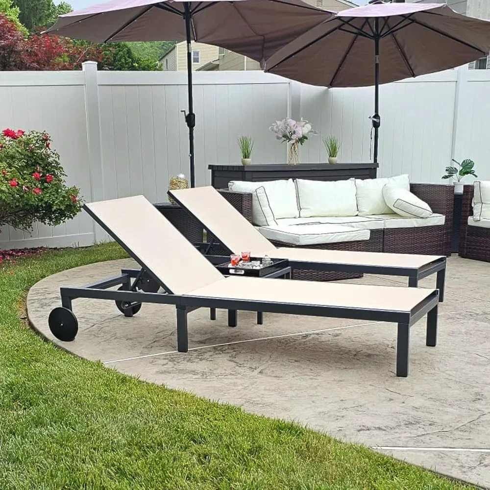 Outdoor Chaise Lounge Chairs Set Recliner Aluminum Adjustable Chair with Wheels and Side Table for Poolside Beach