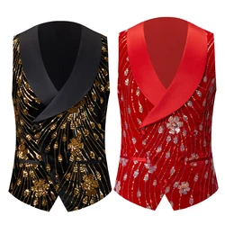 Chaleco de traje de lentejuelas brillantes doradas para hombres, Blazer rojo y negro adornado con purpurina, ropa de cantantes de escenario para fiesta de boda y Club nocturno