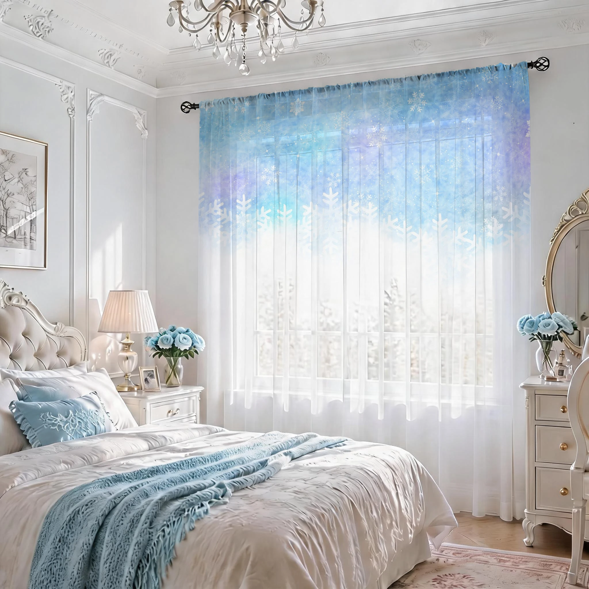Frozen Blue Snowflake Rod Pocket Sheer Curtains, Winter Gradient Print Voile Window Curtain for Bedroom Living Room Home Decor