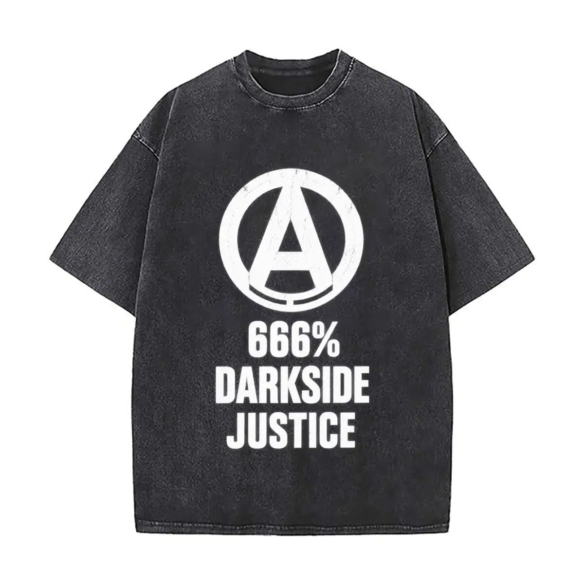 666 Percent Darkside Justice Anarchy Symbol Washed Short Sleeve Loose Streetwear Tee Hip Hop