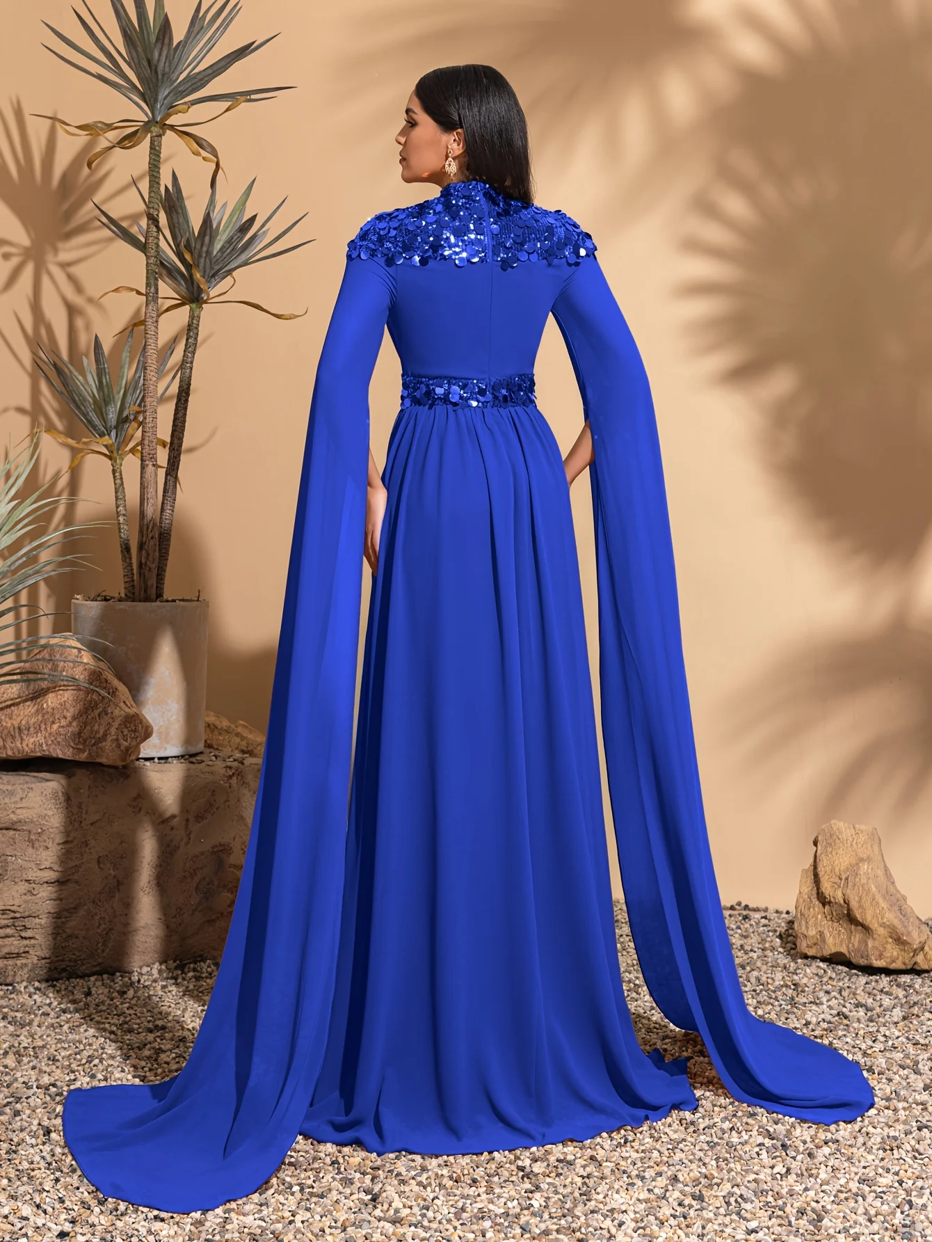 Chiffon sequins stitching, small stand-up collar and super long sleeves dress, elegant and chic dress, long skirt for women
