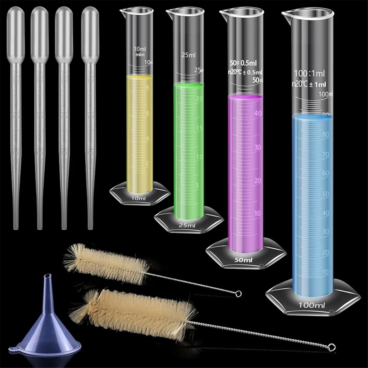 4-Pack of Plastic Gradient Cylinders, with 4 Pipettes, 1 Plastic Funnel and 2