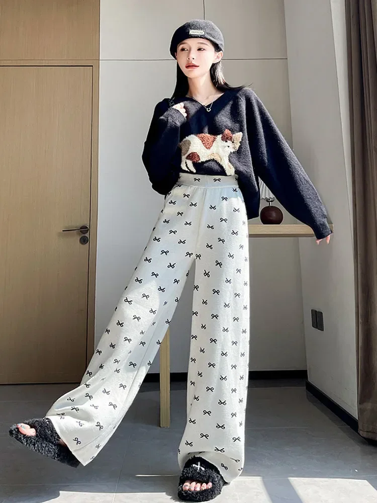 Korean Fashion Elastic butterfly High Waist Wide Leg Trousers Women Pants Autumn Winter Loose Casual Pants 2024