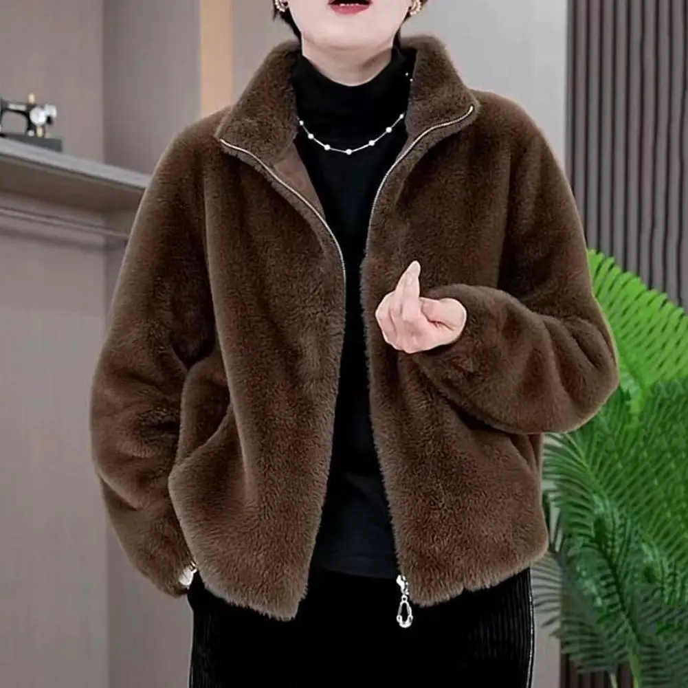 Women Jacket Autumn Winter Velvet Jacket Women’s Winter Coat with Thick Faux Fur Collar Short Zip-up Cardigan for School