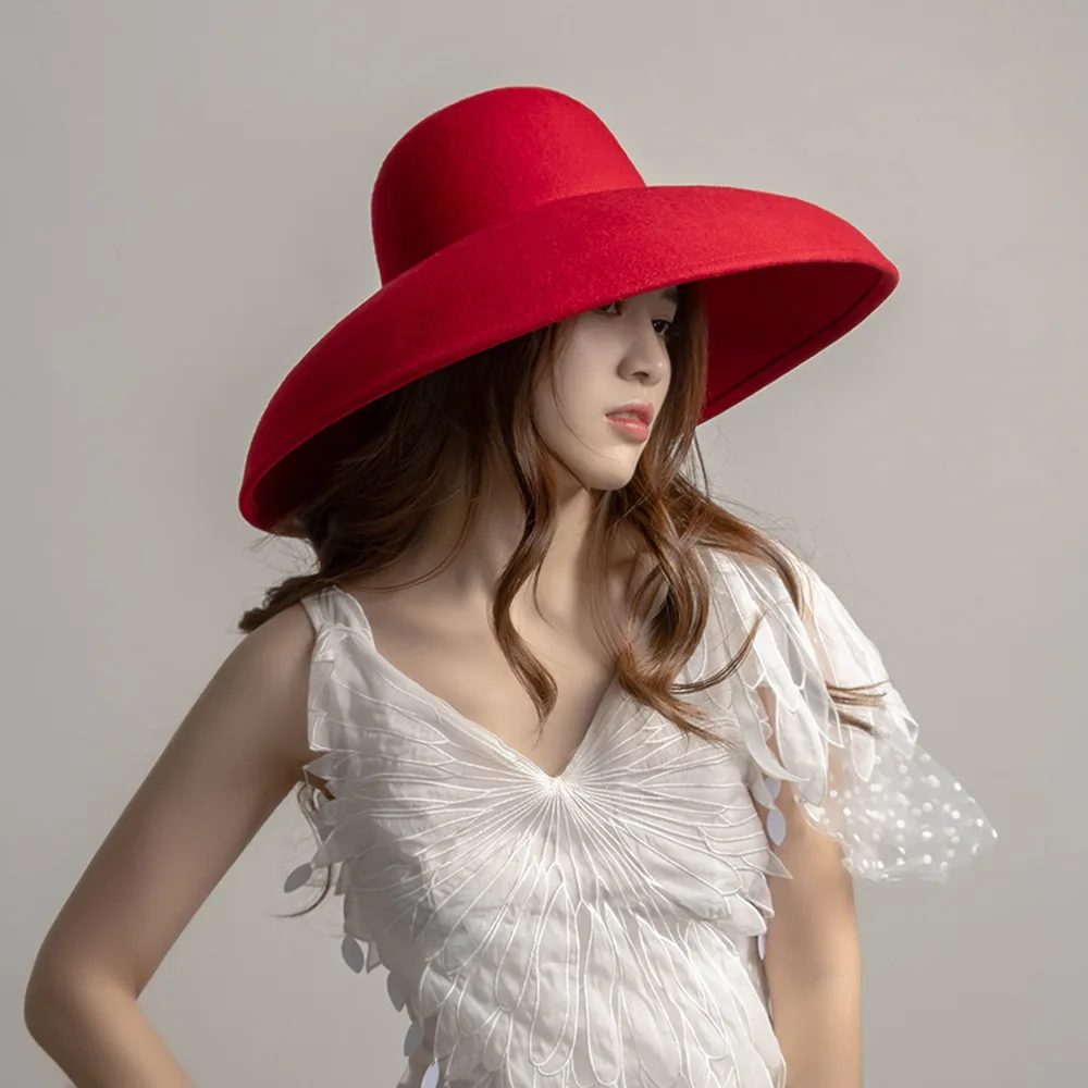 Autumn Winter New Vintage Fashion Round Top Wide Brim Wool Fedora Stage Show Concave Shape Felt Fedora