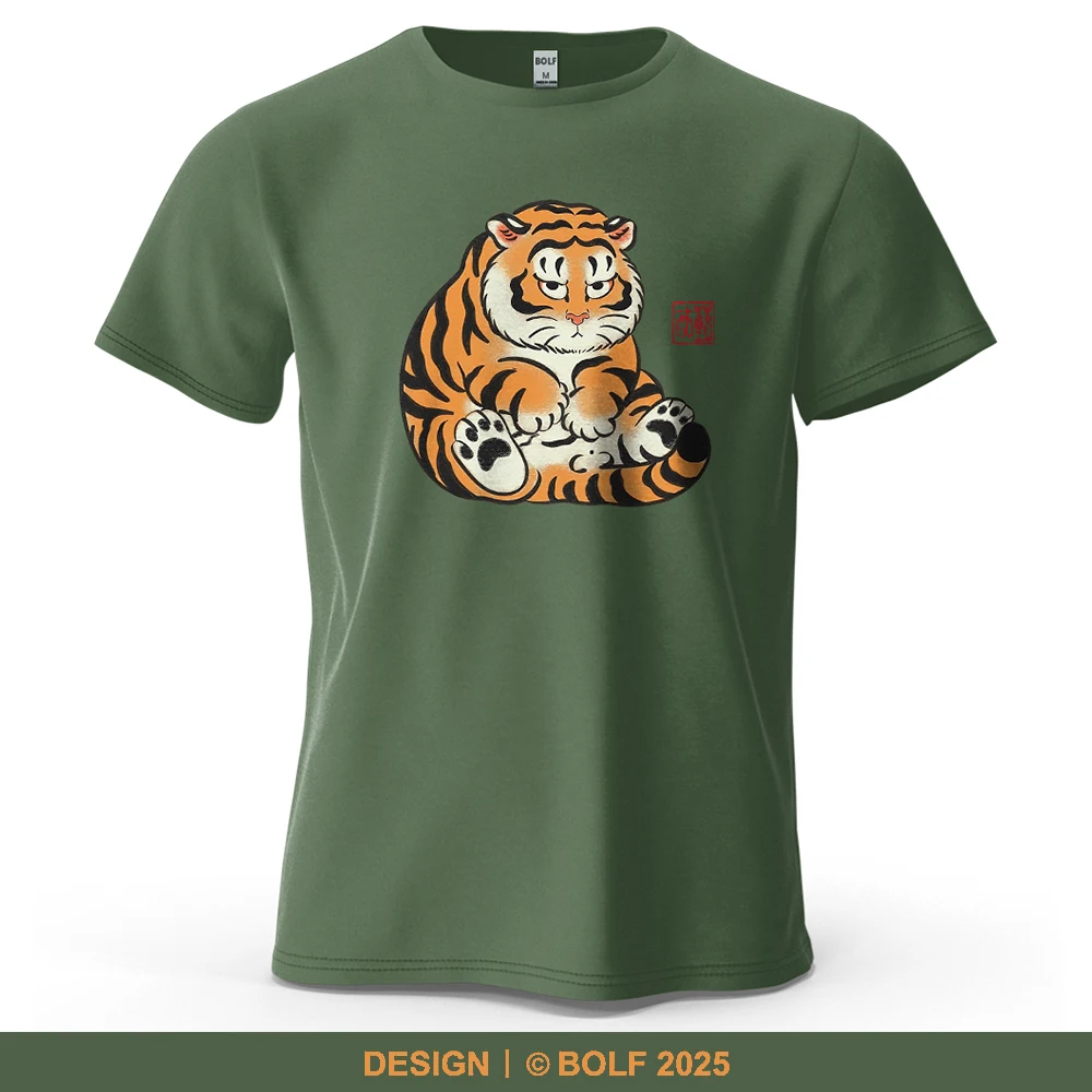 Chubby Tiger Illustration Cartoon bedrucktes Herren-T-Shirt aus 100 % Baumwolle, übergroß, niedliche Grafik-T-Shirts für Damen, Tops, Streetwear