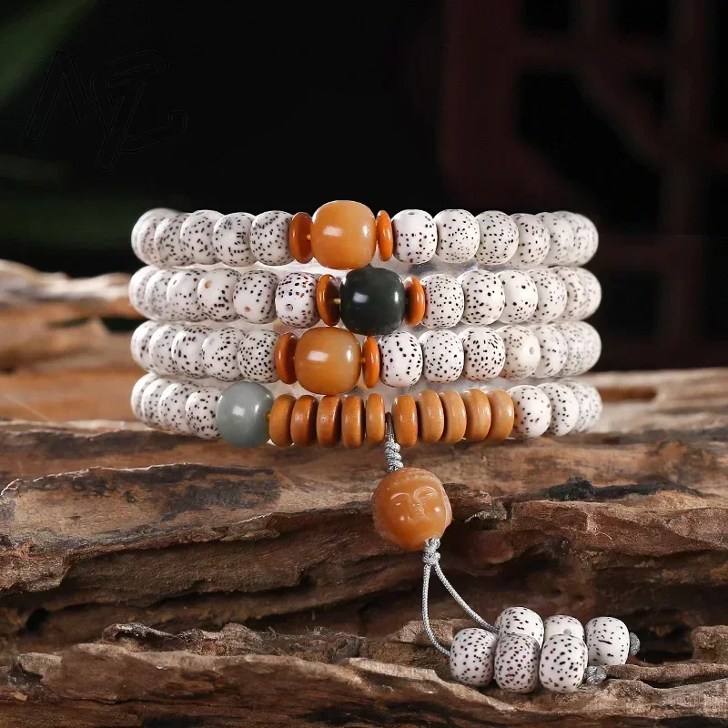 Original Design Natural White Bodhi Root Beads Bracelet 108 Lotus Mala for Women Yoga Meditation Balancing Jewelry Gift Amulet