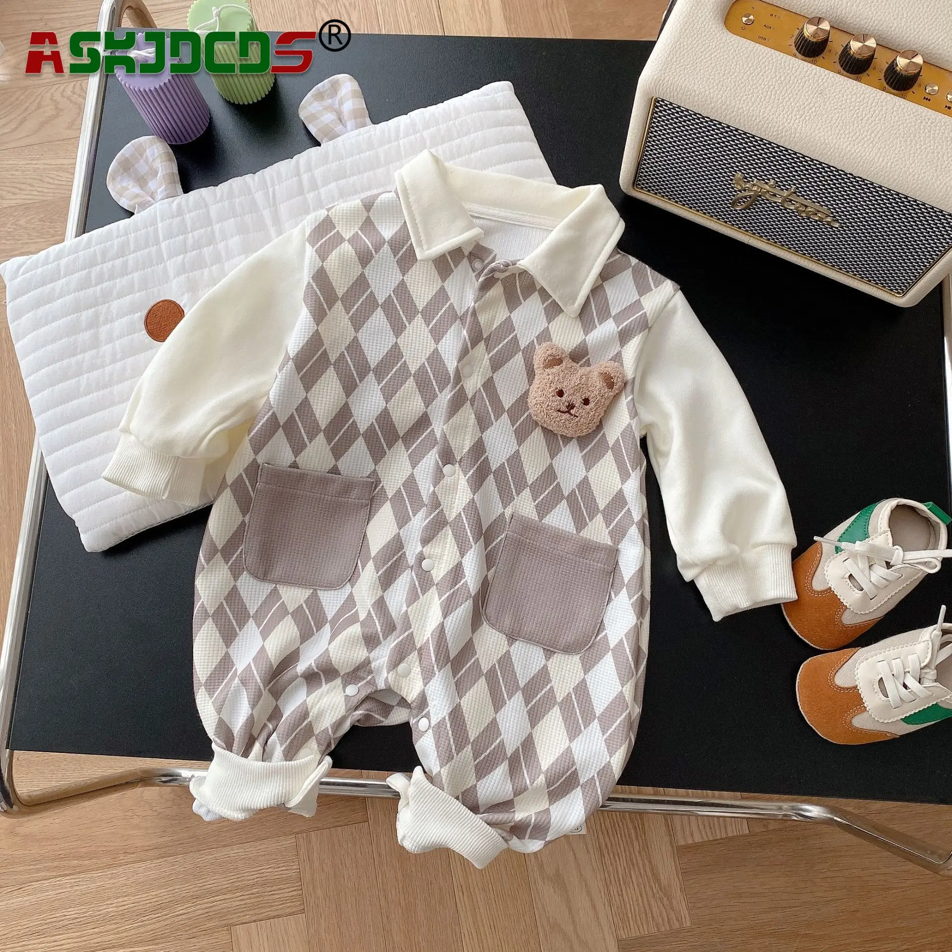 

2023 Autumn Collection: Plaid Bear Outwear Jumpsuits for Baby Boys Single-breasted and Cozy Rompers Newborns Toddlers 0-24M