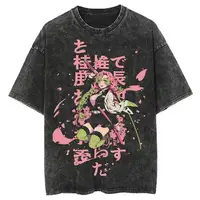 Camiseta con estampado de Anime Demon Slayer Kanroji Mitsuri, camisetas de algodón de manga corta para hombres y mujeres, camiseta Vintage lavada, camiseta Harajuku