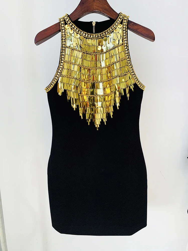 HIGH QUALITY Newest 2024 Fashion Stylish Designer Women's Stunning Metal Diamonds Sequined Beading Sleeveless Tank Dress