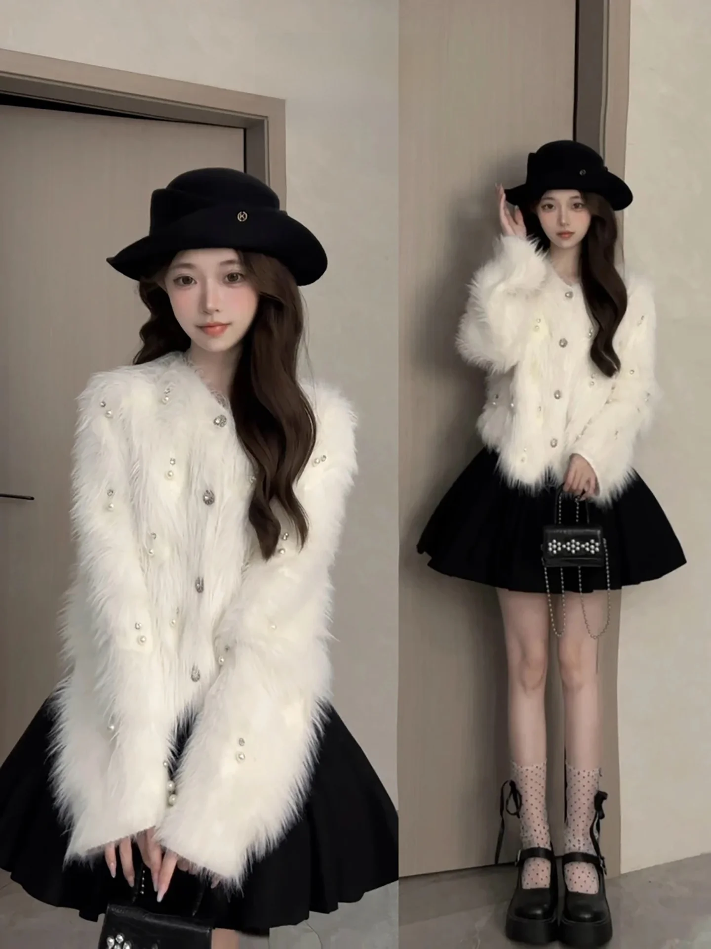 Korean Sle Pearl Button Thiened Knitted Cardigan Outerwear Faux Fur Warm Winter Sweater Women's Loose Fit Soft Knitwear