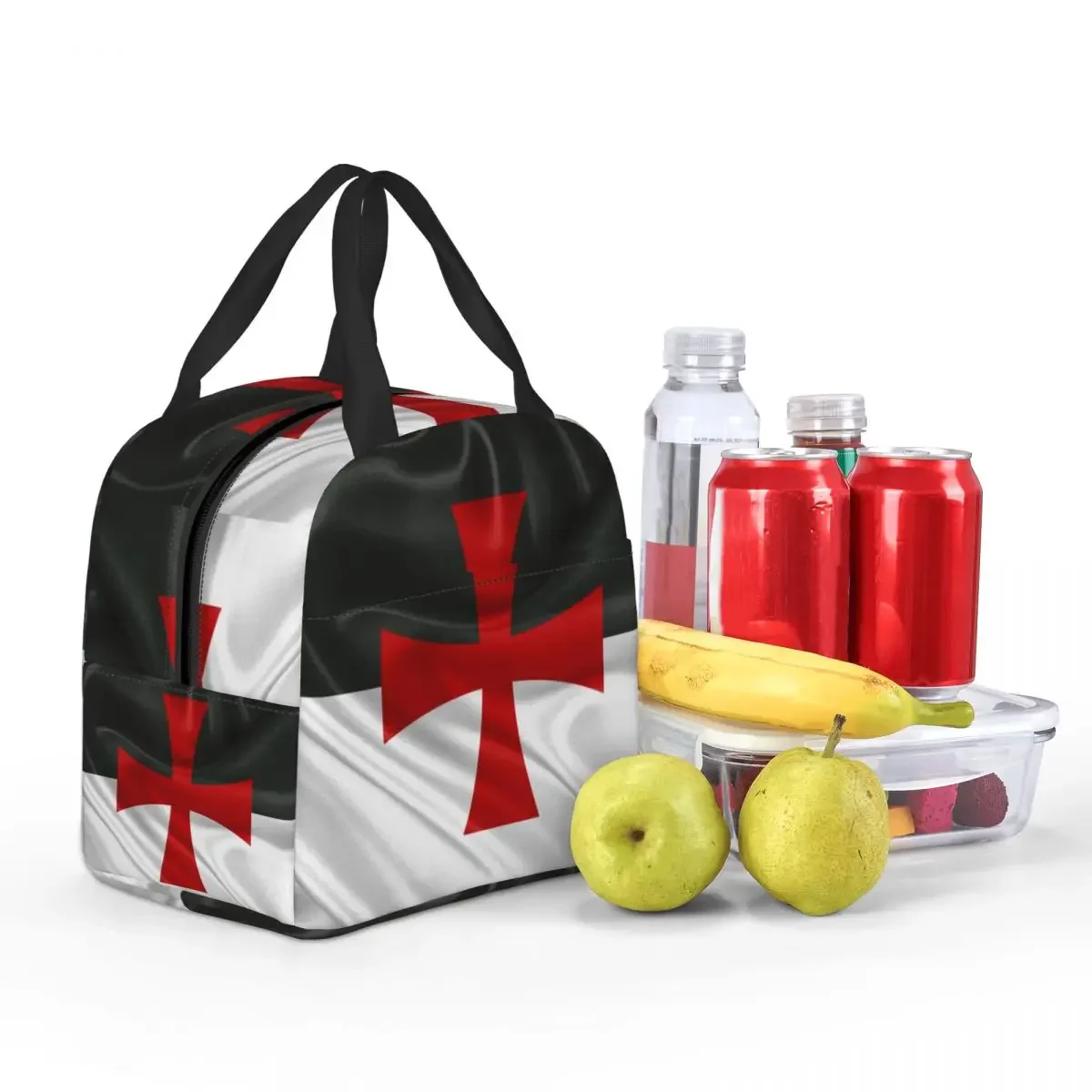 Custom Flag Of Knights Templar Insulated Lunch Bag for Outdoor Picnic Medieval Crusades Cross Portable Thermal Cooler Bento Box