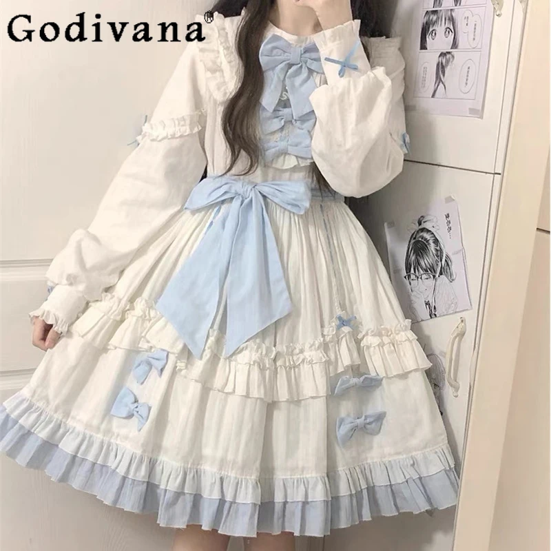 

Lolita Princess Dress for Girls and Adults Japanese Style Daily Lolita Blue White Dress Women's High Street Cosplay Dress