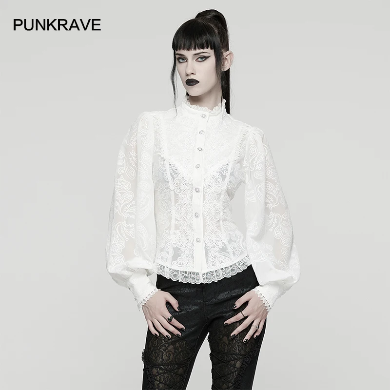 

PUNK RAVE Women's Gothic Embroidered Elegant Puffed Sleeve Chiffon Shirt Adjustable Drawstring Mysterious Romantic Tops 2 Colors