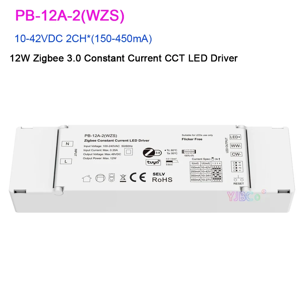 Skydance 12W Zigbee 3.0 CCT LED Driver Constant Current Tuya controller10V-42V DC 2CH 150-450mA Dimmable WW/CW LED Light power