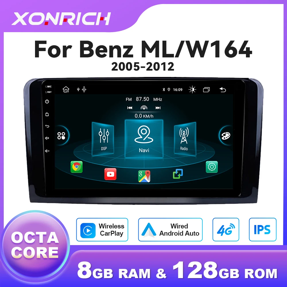1280*720 IPS Wireless CarPlay Lettore di autoradio per Benz ML W164 ML350 ML500 2005-2012 Android 14 Multimedia GPS 4G Wifi DSP RDS