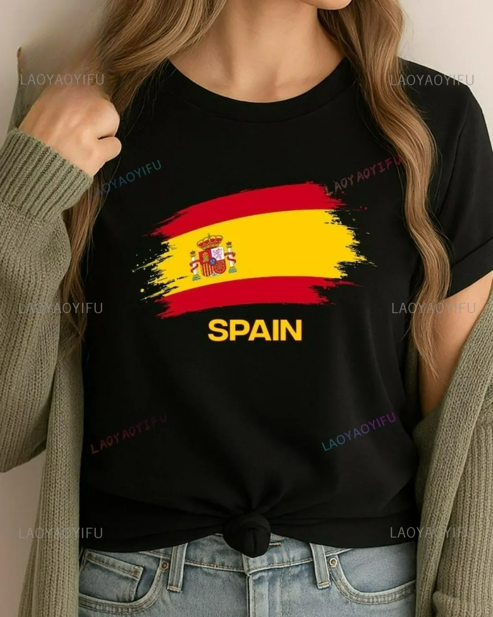 Bawełniana koszulka z nadrukiem flagi Hiszpanii Piłka nożna Dziecko Patriotyczny motyw Trend Kreatywny styl uszkodzeń Ręcznie rysowany styl artystyczny