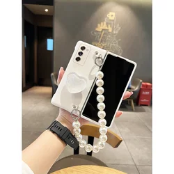 Korean Crystal Love Bracket Pearl Beads Bracelet Hand Chain White Shockproof Case Cover For Samsung Galaxy Z Fold 7 6 5 4 3 2 5G