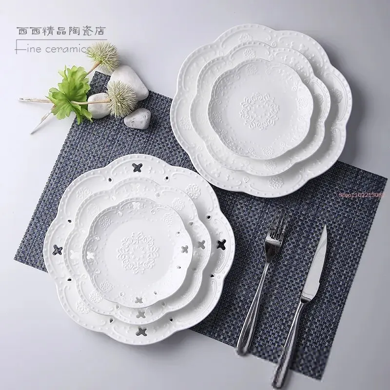 

3pcs Set, 6+8+10inch, White Embossed Porcelain Cake Plate, Design, Service the Table, Dinner Plate Sets, Dinnerware