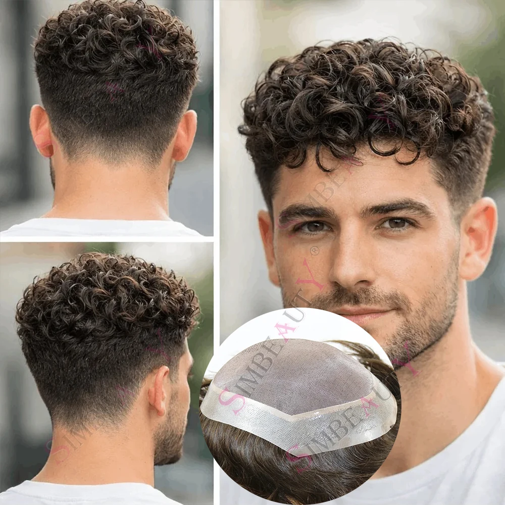 18mm/15mm/20mm Natural Curl Men Wig Brown Durable Mono Lace PU Breathable Toupee for Bald Men Curly Human Hair Prosthesis System