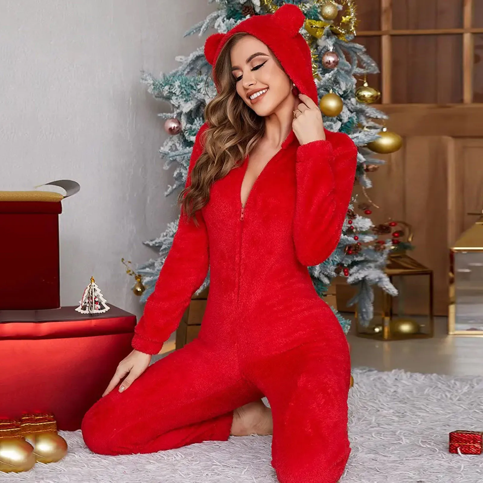 Kigurumi Onesie Christmas Pajamas Women\'s Slim Long Sleeve Zipper Hooded Jumpsuit Pajamas Oversize Fluffy Romper Plush Sleepwear