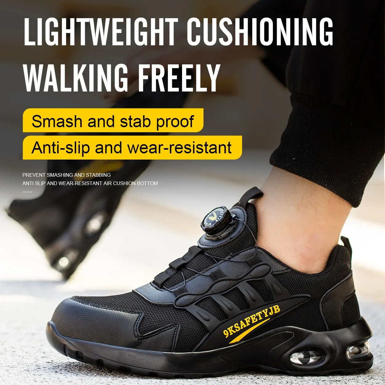 Men's Protection Black Safety Shoes Anti-smashing Puncture-proof Lazy Safety Shoes Steel Wire Rotating Buckle-free Shoelac