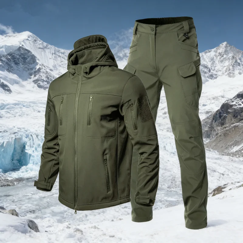 

2026 Mens Winter Thermal Softshell Jacket Pants Set Fleece Lined Water Resistant Camo Ski Suit Hiking Hunting Outdoor Sportswear